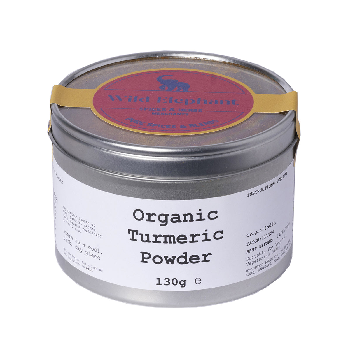 Organic Wild Elephant turmeric powder in a 130g package, showcasing vibrant golden turmeric herb from Whole Food Earth.