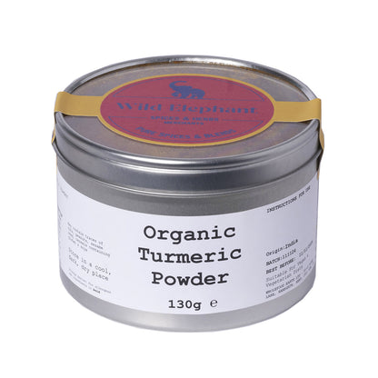 Organic Wild Elephant turmeric powder in a 130g package, showcasing vibrant golden turmeric herb from Whole Food Earth.