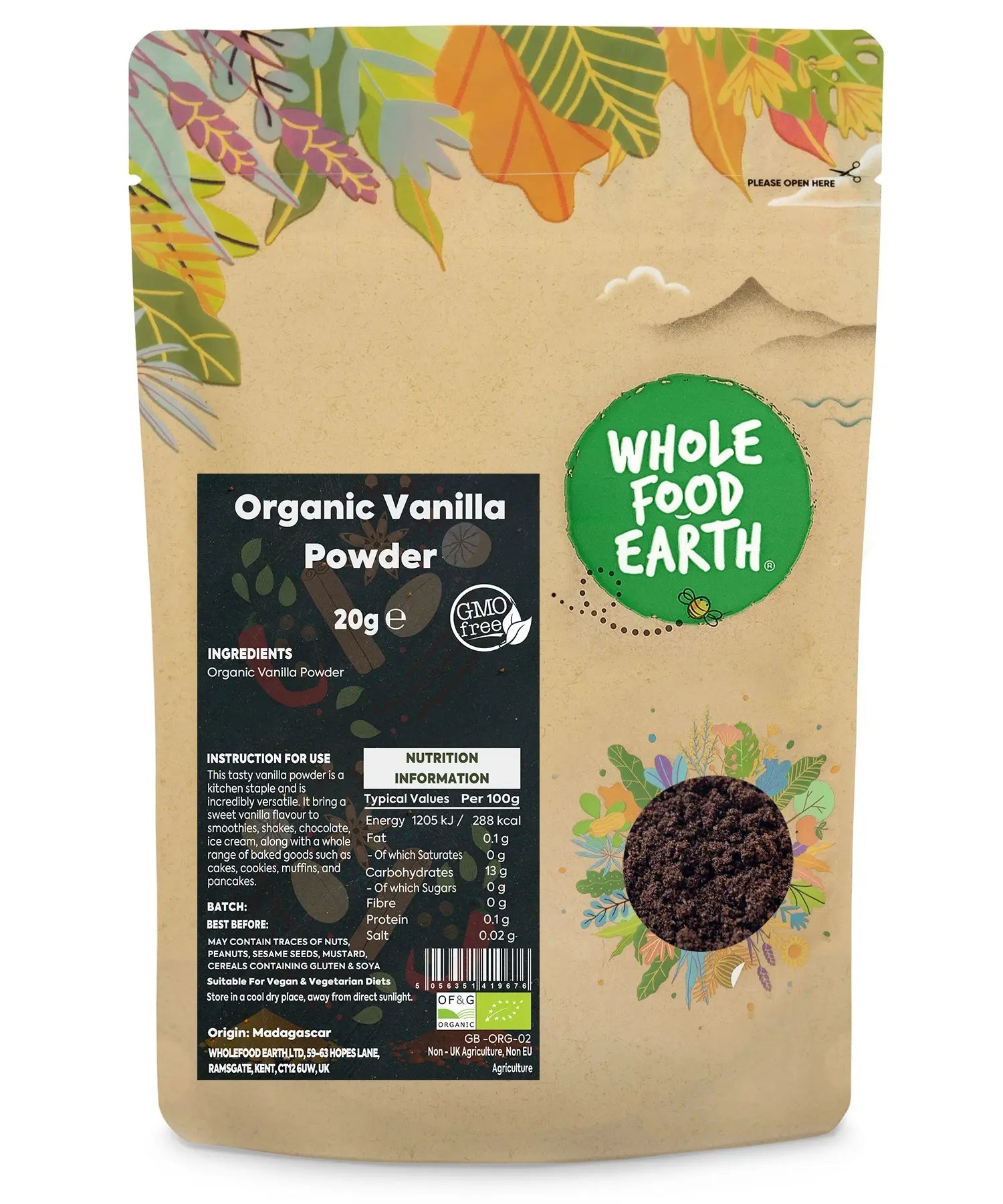 Organic vanilla powder from Whole Food Earth, 20g jar, finely ground vanilla bean powder in a clear glass container.