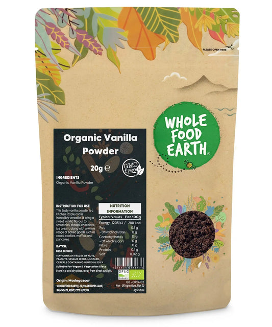Organic vanilla powder from ArtisanBox in a 20g container, showing the fine, fragrant vanilla powder on a neutral background.