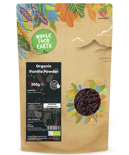 Organic vanilla powder in a 500g jar, made from natural herbs and spices by Whole Food Earth, with vanilla beans and powder visible.