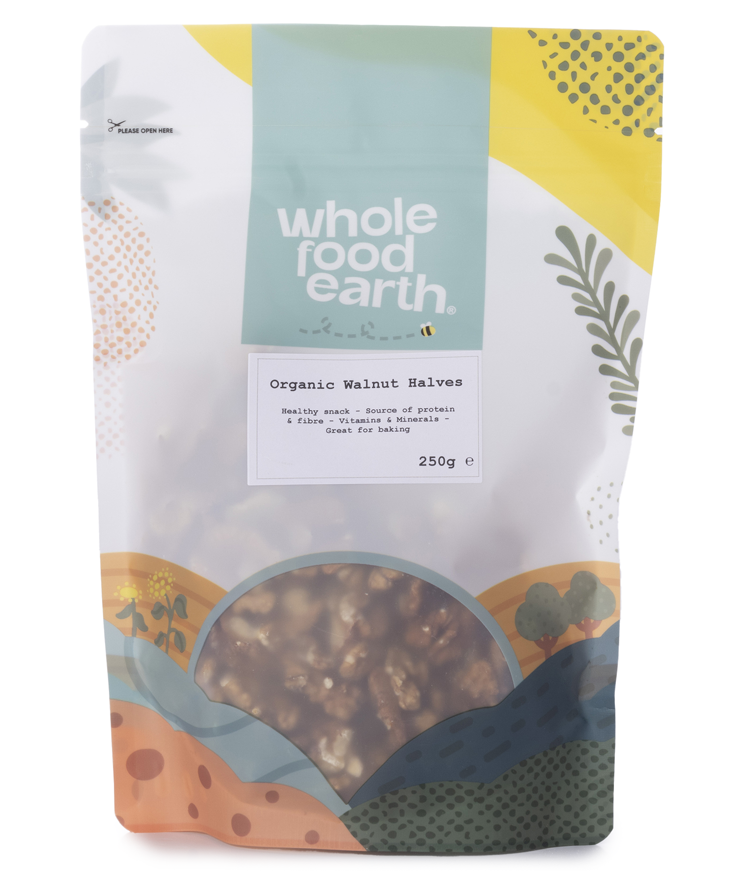 Organic walnut halves from Whole Food Earth, showing fresh, whole walnut pieces in a clear view.