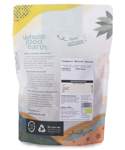 Organic walnut halves from Whole Food Earth, showcasing fresh, crunchy walnut pieces in a clear view.