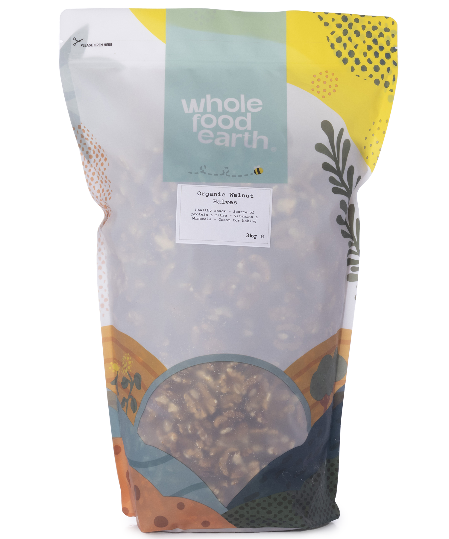 Organic walnut halves from Whole Food Earth, showing fresh, crunchy walnut pieces in a clear bowl on a neutral background.