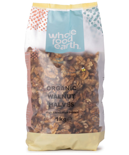Organic Walnut Halves from Whole Food Earth, close-up of crunchy, light brown walnut pieces on a neutral background.