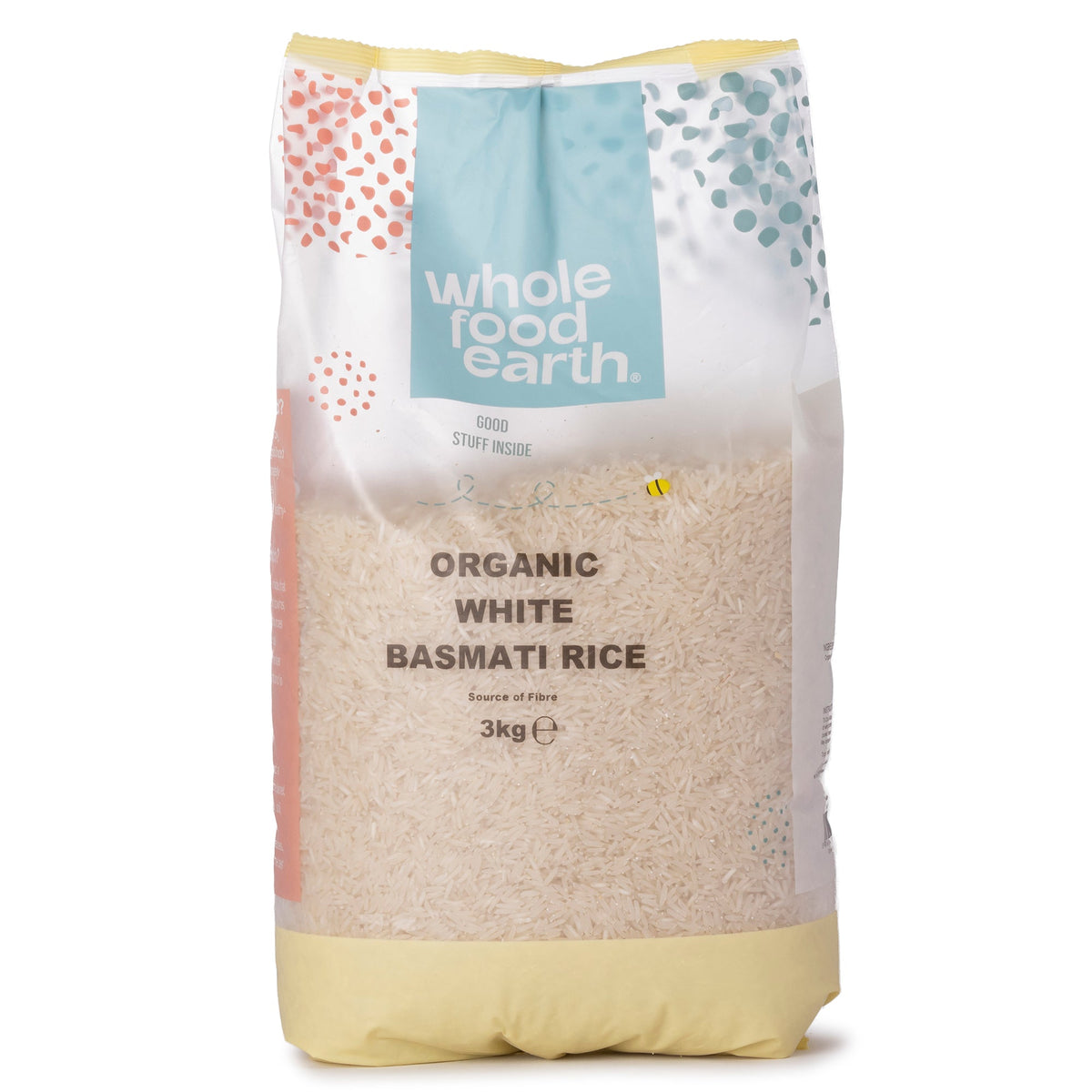 Organic white Basmati rice from Whole Food Earth, showcasing a 3kg bag of long-grain rice with a clean, white appearance.