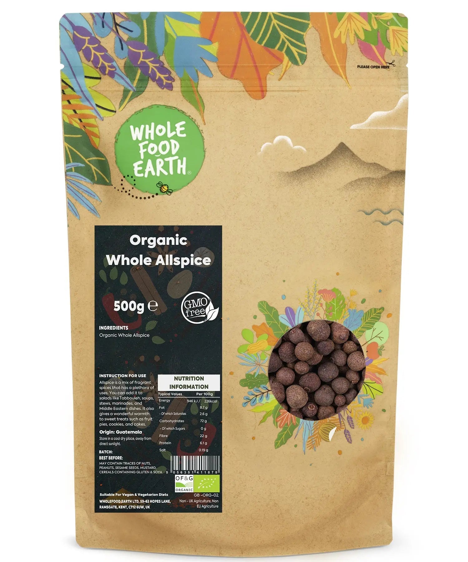 Whole Food Earth organic allspice whole in a 500g jar, showing dark brown, round spice berries used in cooking and baking.