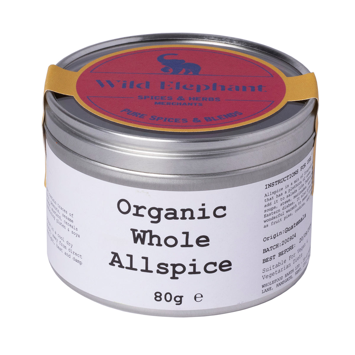 Organic Whole Allspice from Wild Elephant, 80g, shown in a clear container with whole dark brown allspice berries.