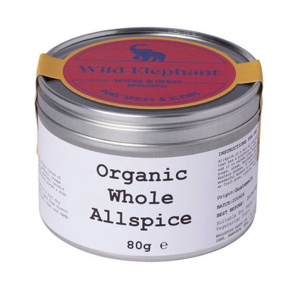 Organic Whole Allspice from Wild Elephant, 80g, shown in a clear container with whole dark brown allspice berries.