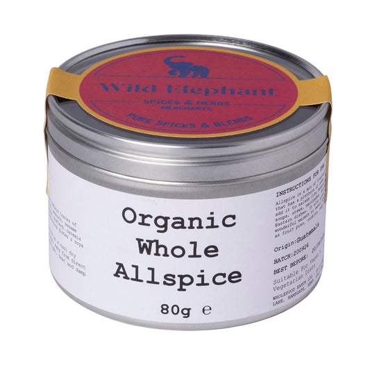 Organic Whole Allspice from Wild Elephant, 80g, shown in a clear container with whole dark brown allspice berries.
