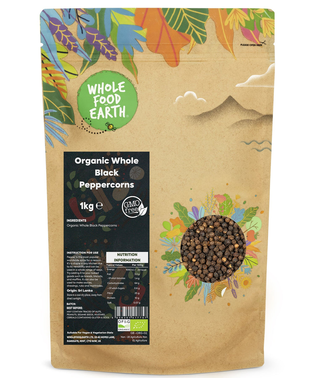 Whole Food Earth organic black peppercorns, whole spices in a 1kg bag, fresh and aromatic black pepper for cooking and seasoning.
