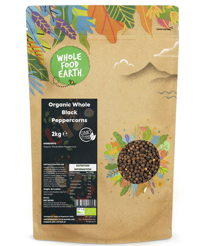 Whole Food Earth organic black peppercorns in a 2kg bag, whole spices for seasoning and cooking.