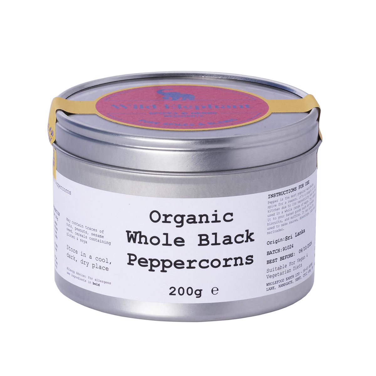 Organic Whole Black Peppercorns from Wild Elephant, Whole Food Earth herbs and spices, shown in a clear close-up image.