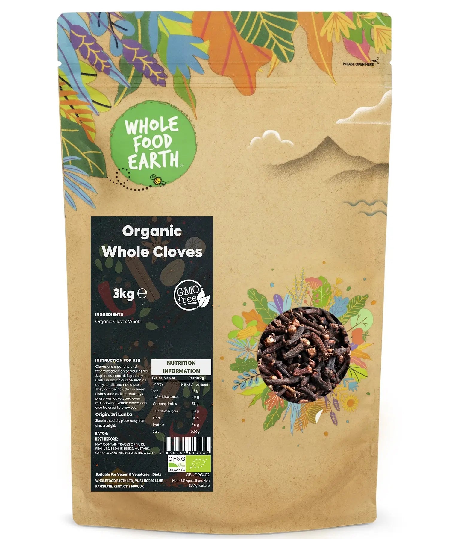 Organic Whole Cloves from Whole Food Earth, a 3kg package of fresh, aromatic herbs and spices for culinary use.
