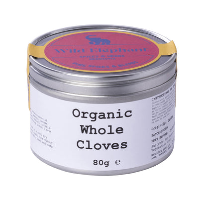 Organic whole cloves from Wild Elephant, a Whole Food Earth herb and spice, shown in a close-up of the dried aromatic cloves.