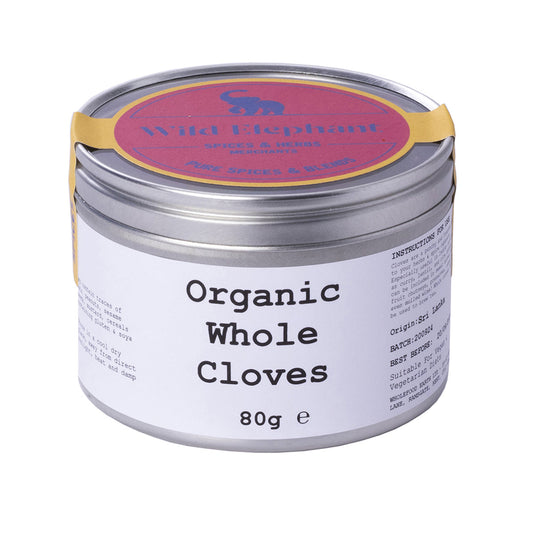 Organic Whole Cloves from Wild Elephant by ArtisanBox, 80g, showing whole dried aromatic cloves in a clear container.