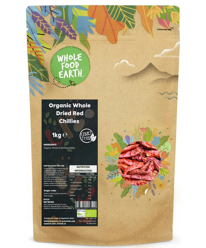 Organic Whole Red Chillies, dried whole spices from Whole Food Earth, 1kg package, vibrant red chili peppers for cooking.