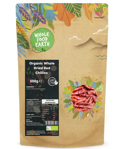 Organic Whole Red Chillies from Whole Food Earth, dried, vibrant red herbs and spices for cooking and seasoning.