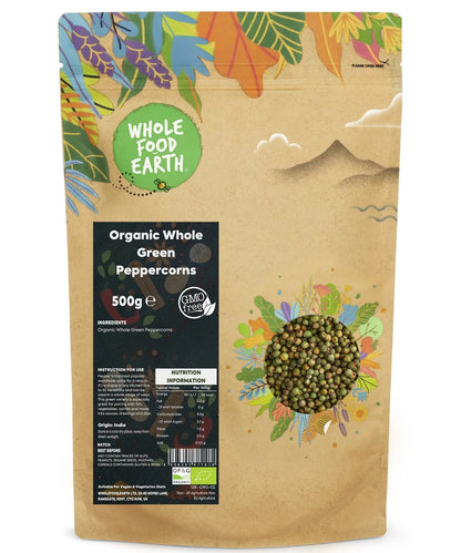 Organic green peppercorns from Whole Food Earth, displayed in a clear container, fresh and vibrant herbs and spices for cooking.