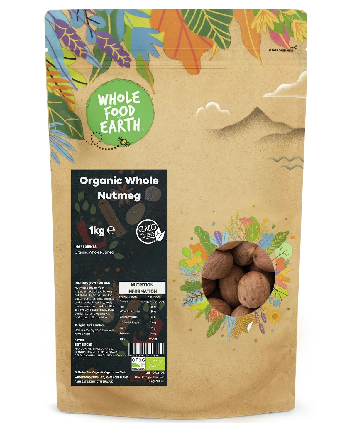 Organic Whole Nutmeg from Whole Food Earth, 1kg, showing whole, brown nutmeg seeds in a natural spice form.