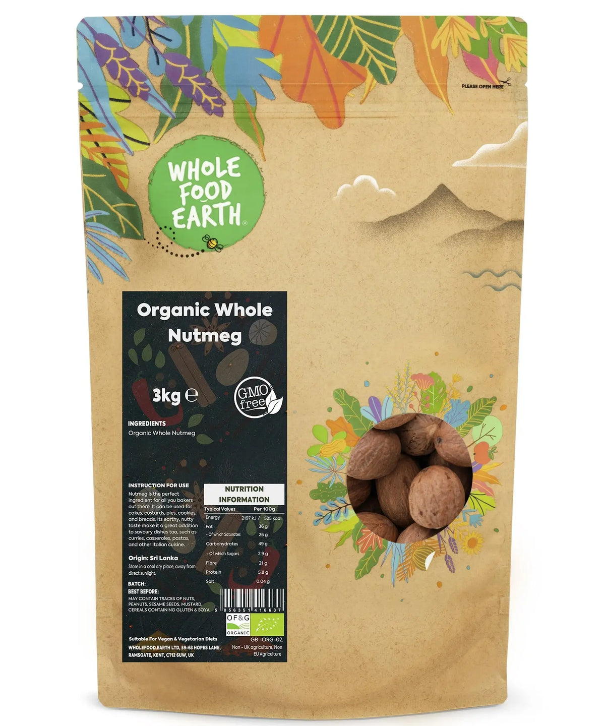 Organic Whole Nutmeg from Whole Food Earth, showing fresh, whole nutmeg seeds in a natural state for herbs and spices.