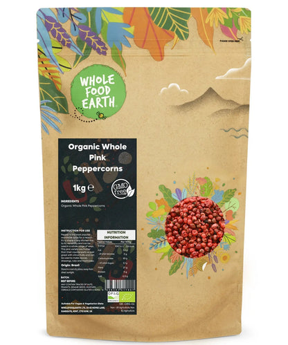 Organic pink peppercorns from Whole Food Earth, 1kg, showing vibrant pink berries in a clear jar for herbs and spices.