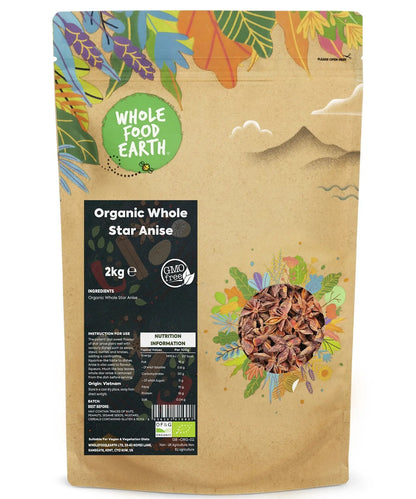 Organic Whole Star Anise from Whole Food Earth, 2kg package, whole aromatic spice used in cooking and baking.