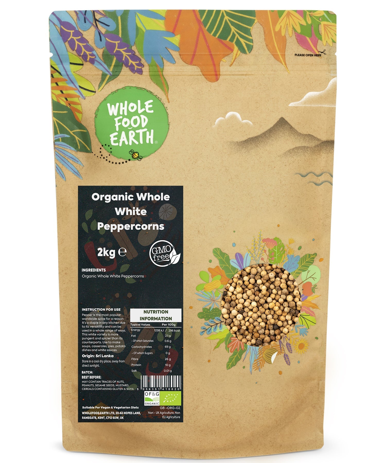 Organic white peppercorns from Whole Food Earth, 2kg, fresh herbs and spices in a clear jar showing white peppercorns.