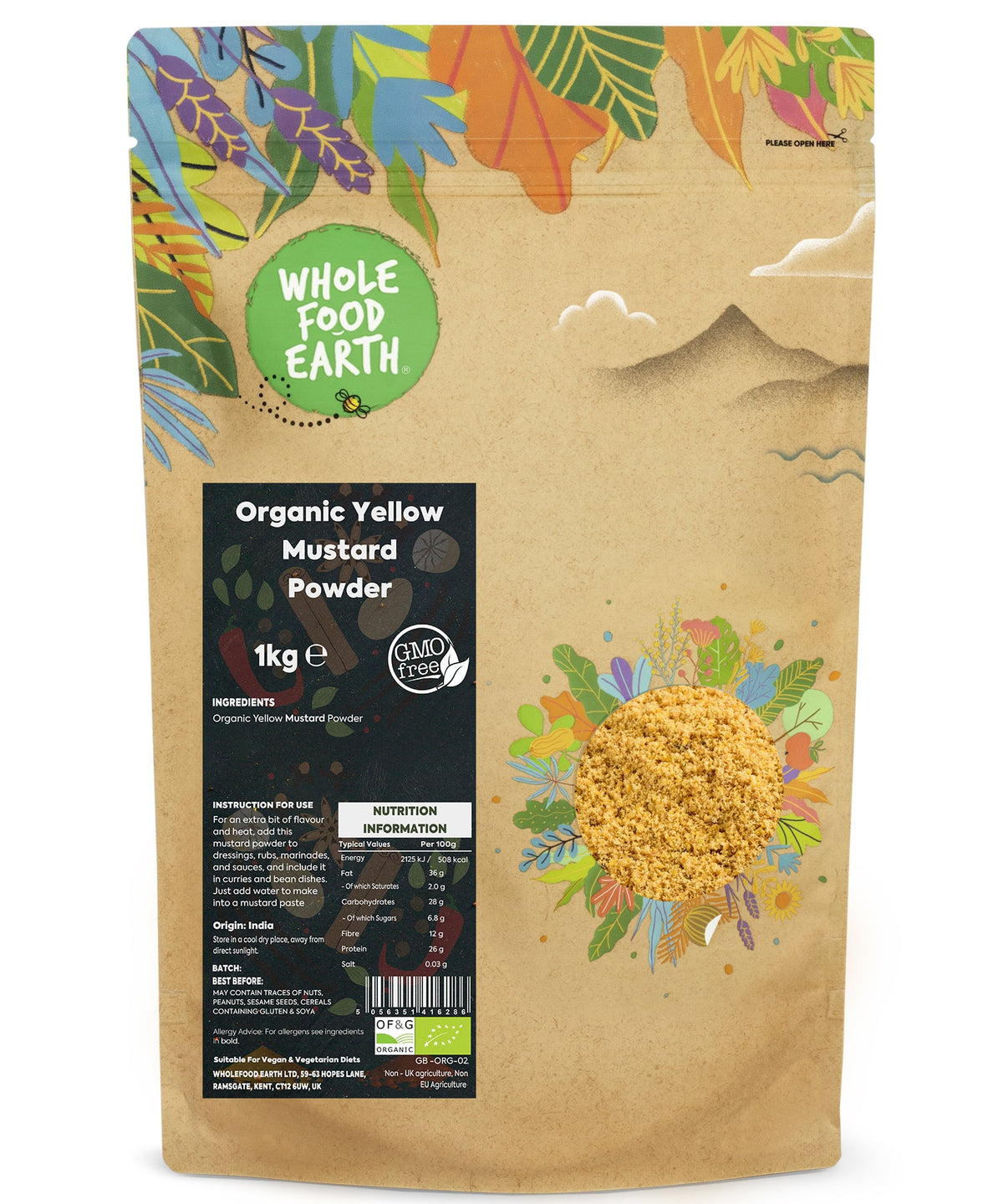Organic yellow mustard powder in a 1kg bag, natural herbs and spices from Whole Food Earth for cooking and flavoring.