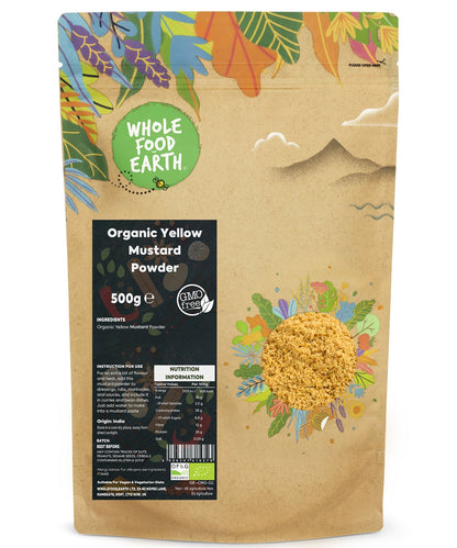 Organic yellow mustard powder in a 500g package, natural herbs and spices from Whole Food Earth, close-up of the powdered spice.