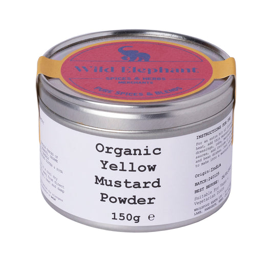 Organic yellow mustard powder from Wild Elephant in a 150g package, shown in a clear image with vibrant yellow color and fine powder texture.