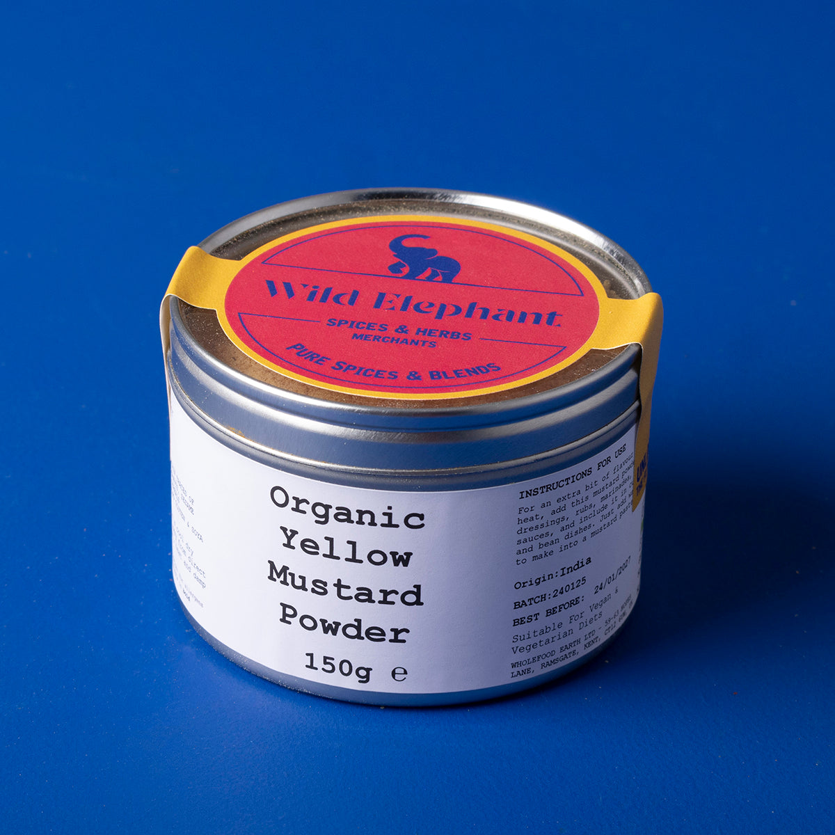 Organic yellow mustard powder from Wild Elephant, 150g, in a clear container, showcasing vibrant yellow spice for herbs and spices.