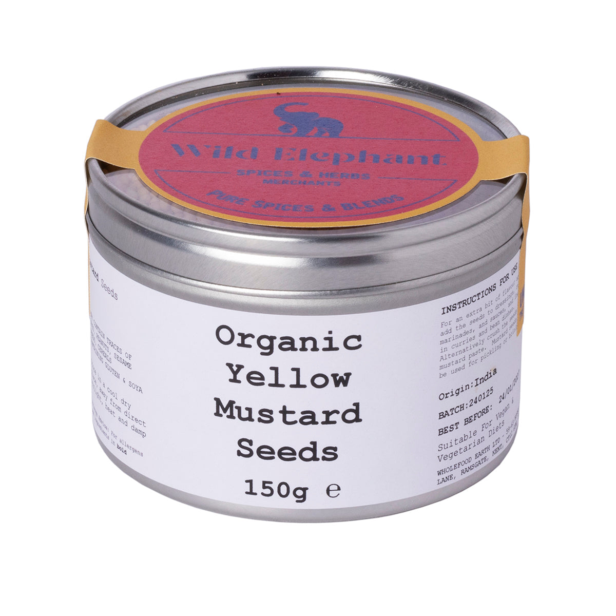 Organic yellow mustard seeds from Whole Food Earth, displayed in a clear container, highlighting their vibrant color and small round shape.