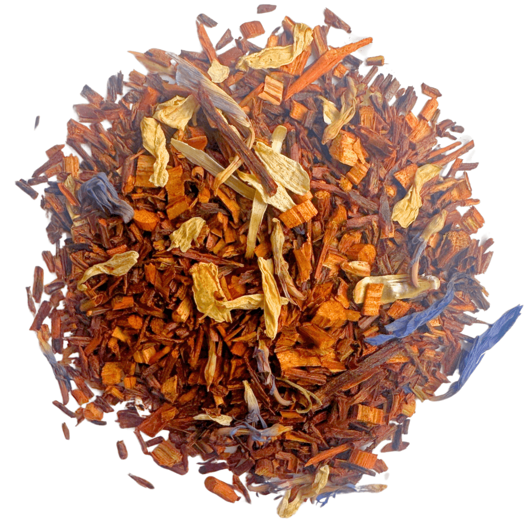 Organic Marzipan Vanilla Rooibos tea from Porter Hill Tea Company in a clear glass cup with marzipan and vanilla flavor notes.