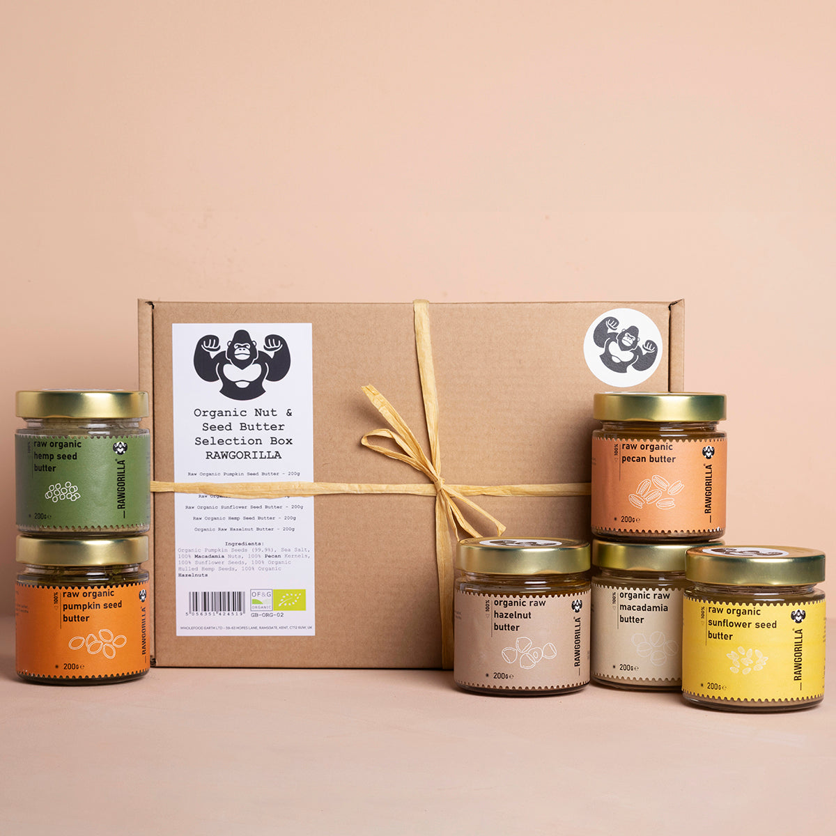 Organic nut and seed butter selection box by RAWGORILLA from Whole Food Earth, featuring a variety of natural, raw nut butters.