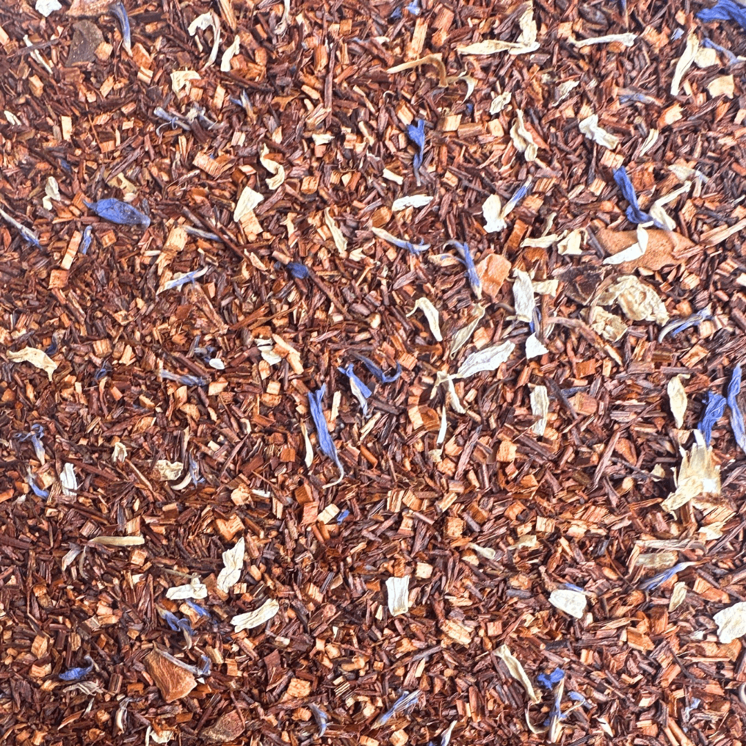 Organic Marzipan Rooibos tea from Porter Hill Tea Company in a package featuring vanilla-flavored Rooibos tea leaves.