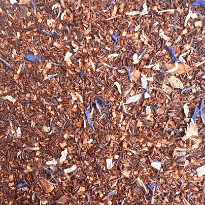 Organic Marzipan Rooibos tea from Porter Hill Tea Company in a package featuring vanilla-flavored Rooibos tea leaves.