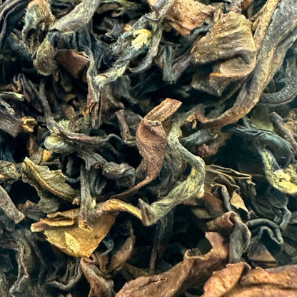 Cup of Porter Hill Tea Company's Oriental Beauty Oolong tea with dry tea leaves in the background, showcasing its rich aroma and golden color.