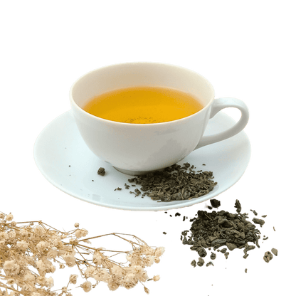 Organic Osprey Gunpowder green tea from Porter Hill Tea Company, showing loose tea leaves in a clear glass jar.