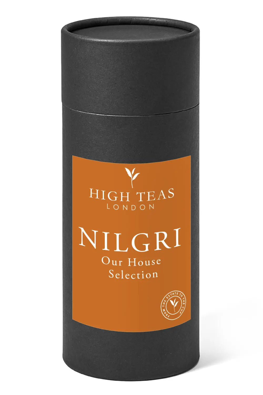 Loose leaf Nilgiri Blue Mountain SFTGFOP1 tea from High Teas, showcasing vibrant dark tea leaves in a clear container.