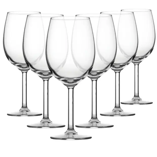 Set of six Reserva Wine Glasses by Glassware UK, 580ml, clear glass with elegant stem and bowl for wine presentation.