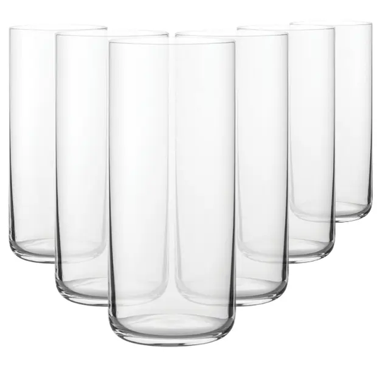 Set of six Finesse Long Drink Glasses, 350ml whisky tumblers by Glassware UK, clear glass with elegant design for beverages.