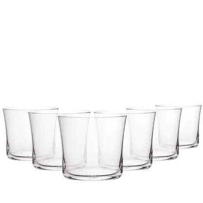 Set of six Glassware UK Savage lowball whisky tumblers, 290ml capacity, clear glass with a sleek, modern design.