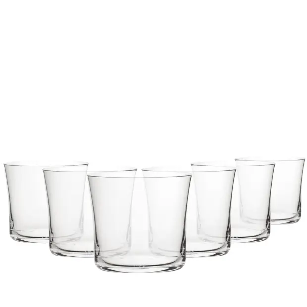 Set of six Glassware UK Savage lowball whisky tumblers, 290ml capacity, clear glass with a simple, elegant design.
