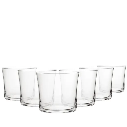 Set of six Glassware UK Savage lowball whisky tumblers, 290ml capacity, clear glass with a simple, elegant design.