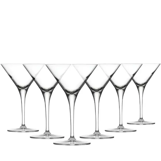 Set of six Reserva Martini cocktail glasses by Glassware UK, 235ml capacity, clear glass with elegant bowl shape.