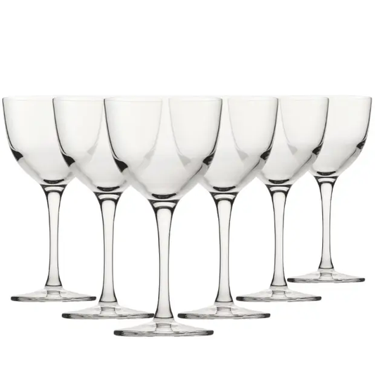 Set of six 170ml Refine Nick & Nora wine glasses by Glassware UK, clear glass with elegant stem and bowl design.
