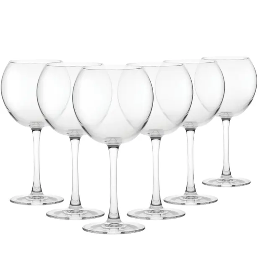 Six Reserva Balloon Gin Glasses by Glassware UK, 580ml capacity, clear glassware with round bowls and sturdy stems.