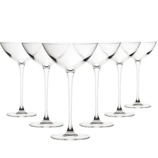 Set of six Savage Coupetini cocktail glasses by Glassware UK, 170ml, clear glass with elegant stem and wide bowl.