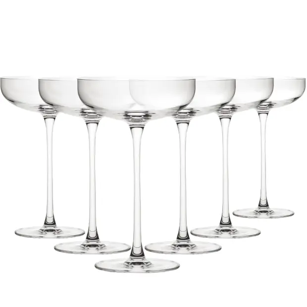 Set of six Savage Coupe Glasses by Glassware UK, 220ml cocktail glasses with a sleek, clear design and elegant shape.